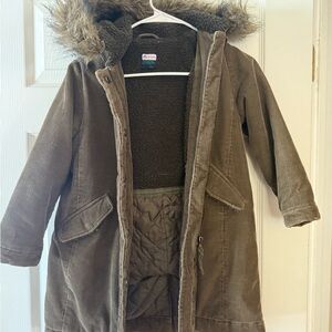 Mini Boden Brown Corduroy Hooded Jacket with Faux Fur